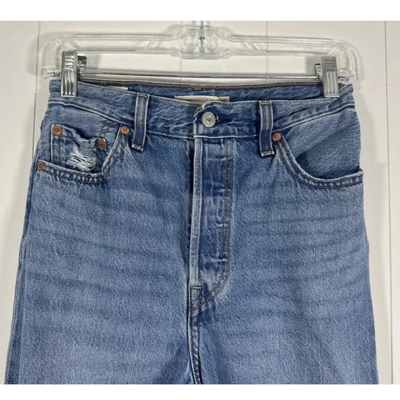Levis Jeans Womens 26W 27L Premium Ribcage Straight Ankle Distressed Button Fly - Picture 3 of 16